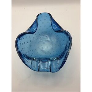 Murano Bullicante Blue Ashtray Trinket Bowl Controlled Air Bubbles 1960s Italy